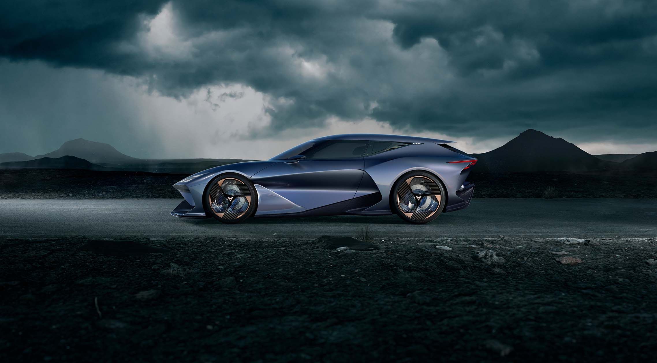 Side of CUPRA DarkRebel car in a dark and stormy setting.