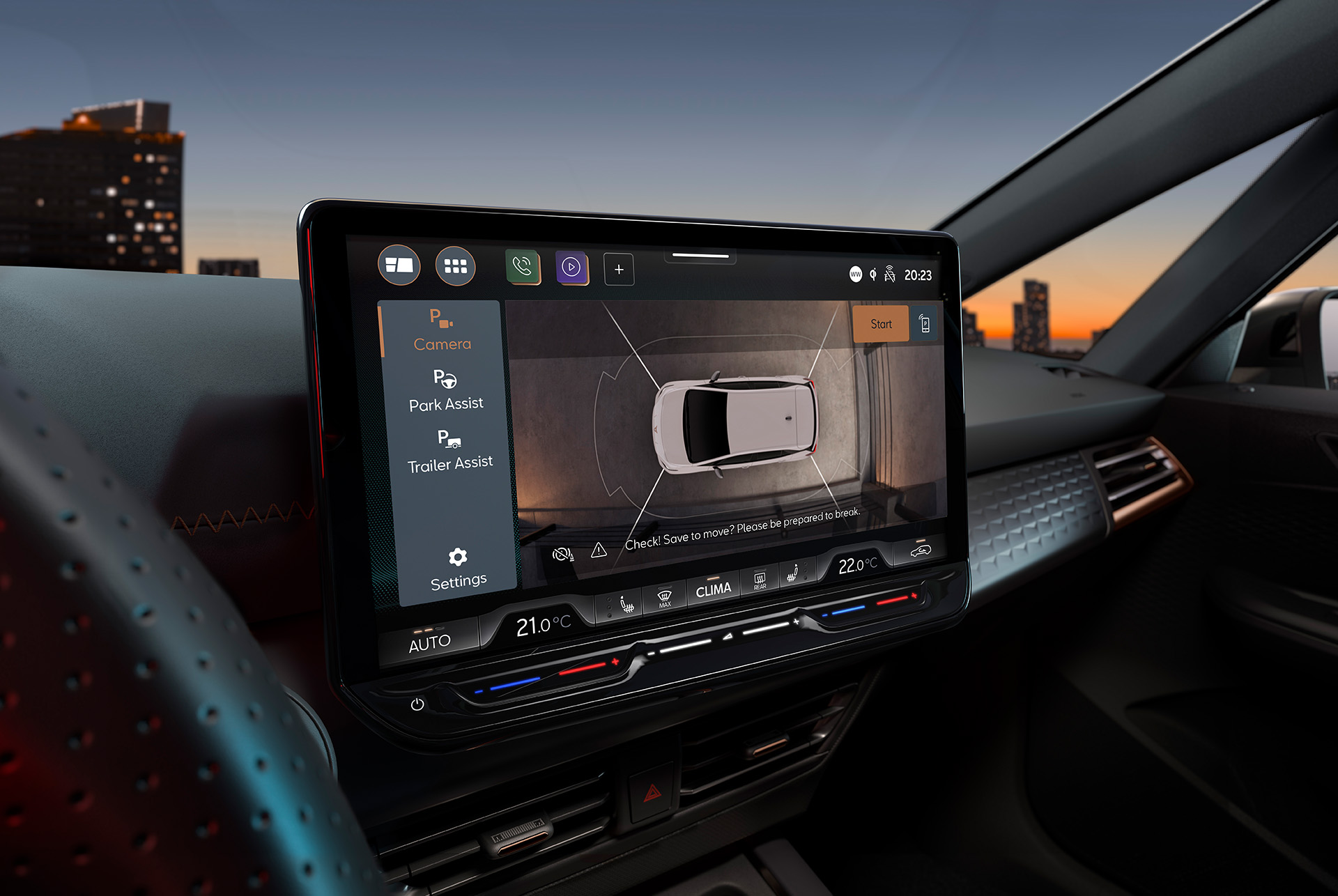 CUPRA Born top camera view of 12.9” infotainment online screen