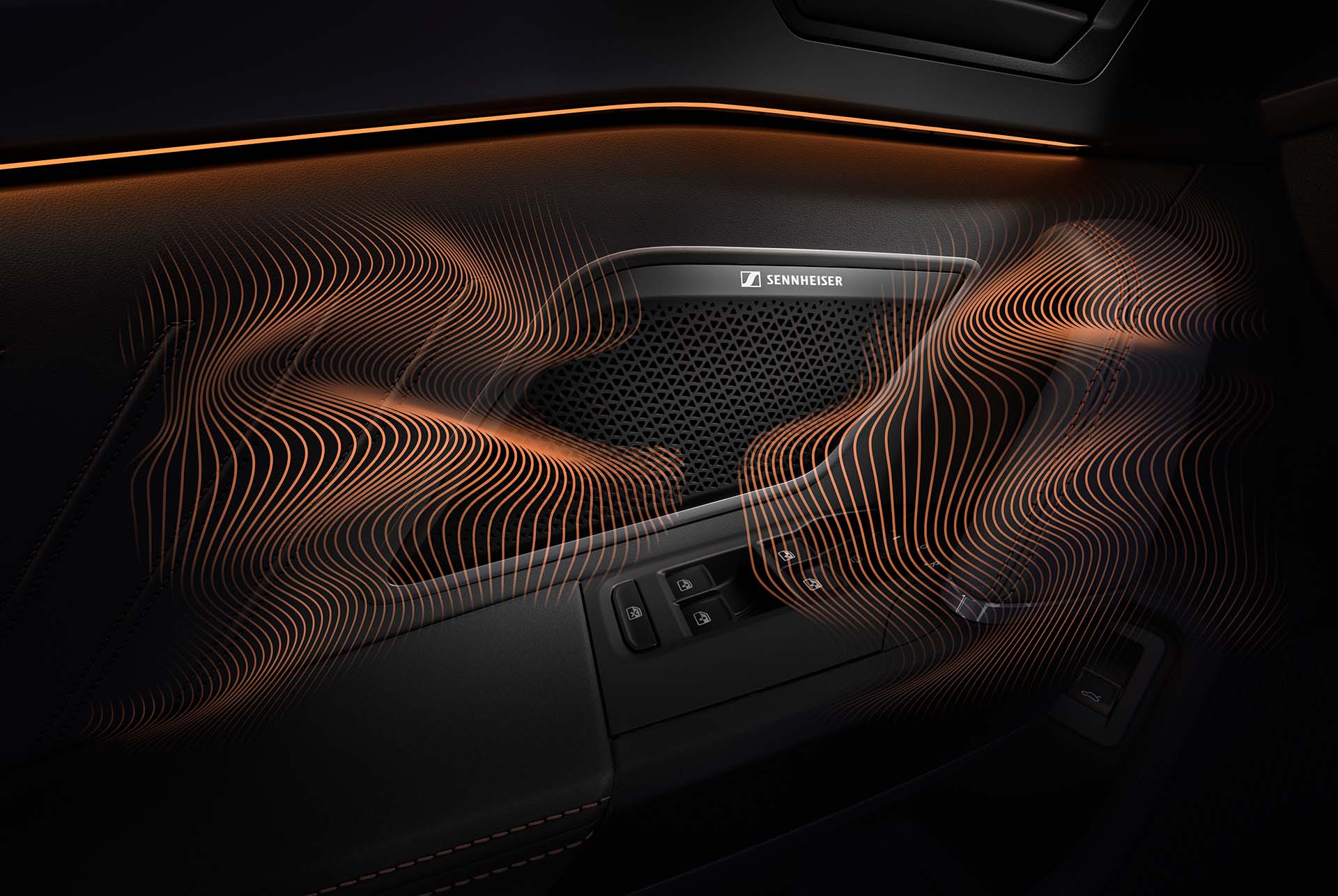 Nouveau design intérieur du CUPRA Formentor 2024, haut-parleurs Sennheiser™, ondes sonores et éclairage d'ambiance.