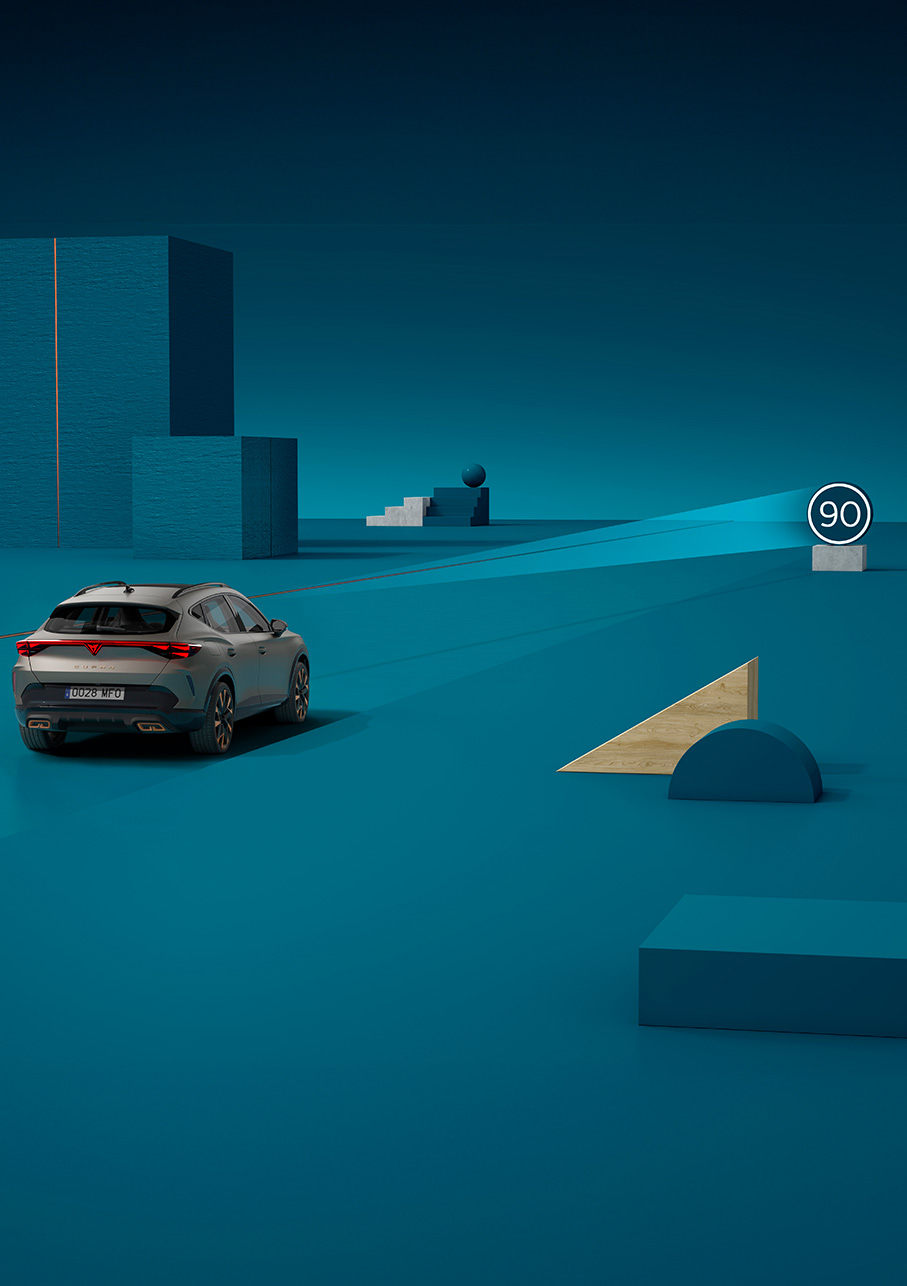 Démonstration de la reconnaissance des panneaux de signalisation du nouveau CUPRA Formentor 2024, sur fond bleu.