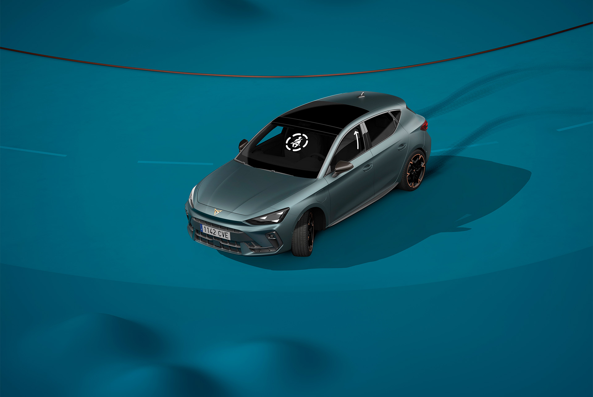 nouvelle Cupra Leon 2024, nouvelle technologie de sécurité pré-collision, fond bleu et démonstration visuelle.