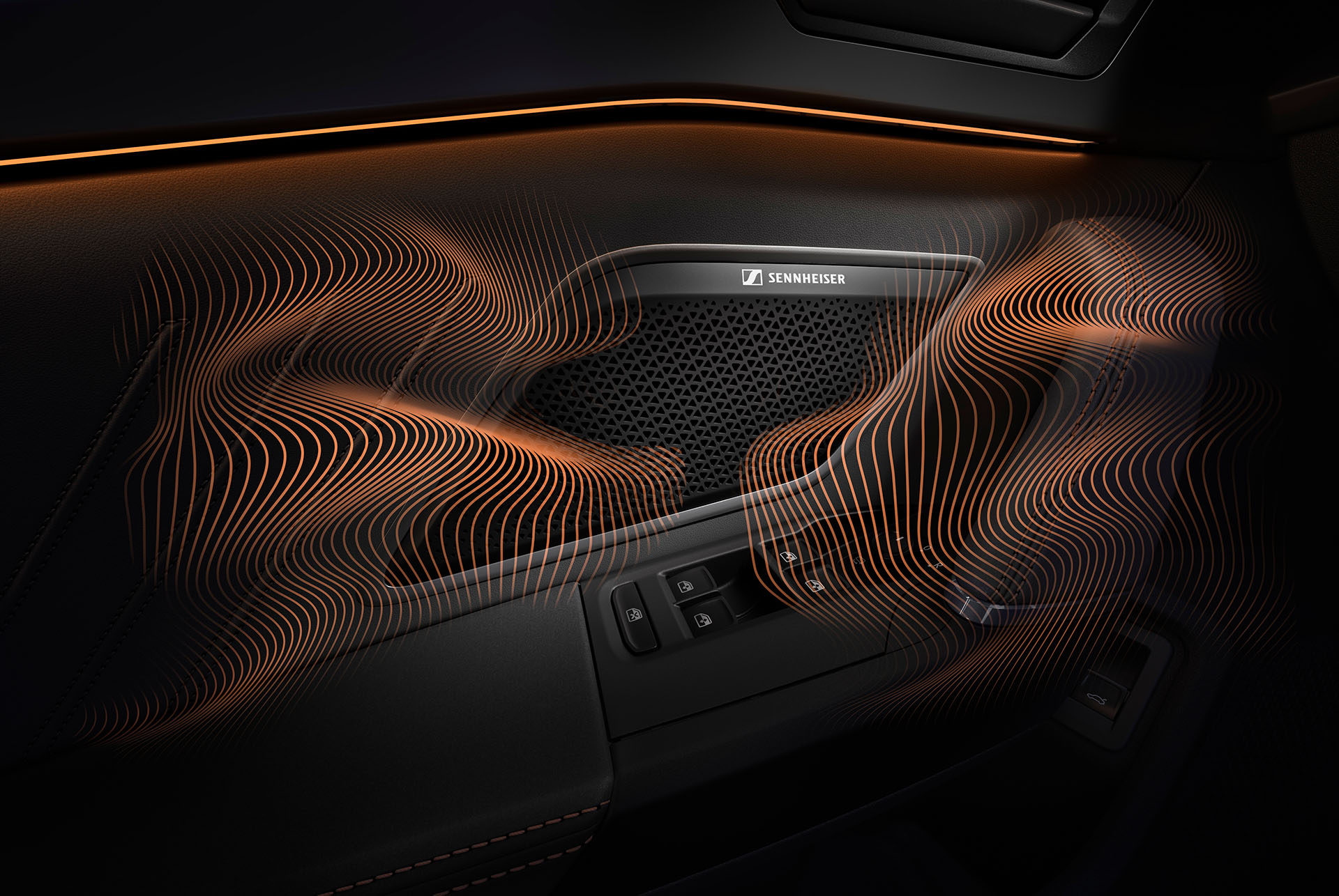 nouvelle Cupra Leon 2024 immersive by sennheiser equipment upgrade technology. close up of sennheiser speaker on Cupra Leon door panel, sound waves and ambient lighting.