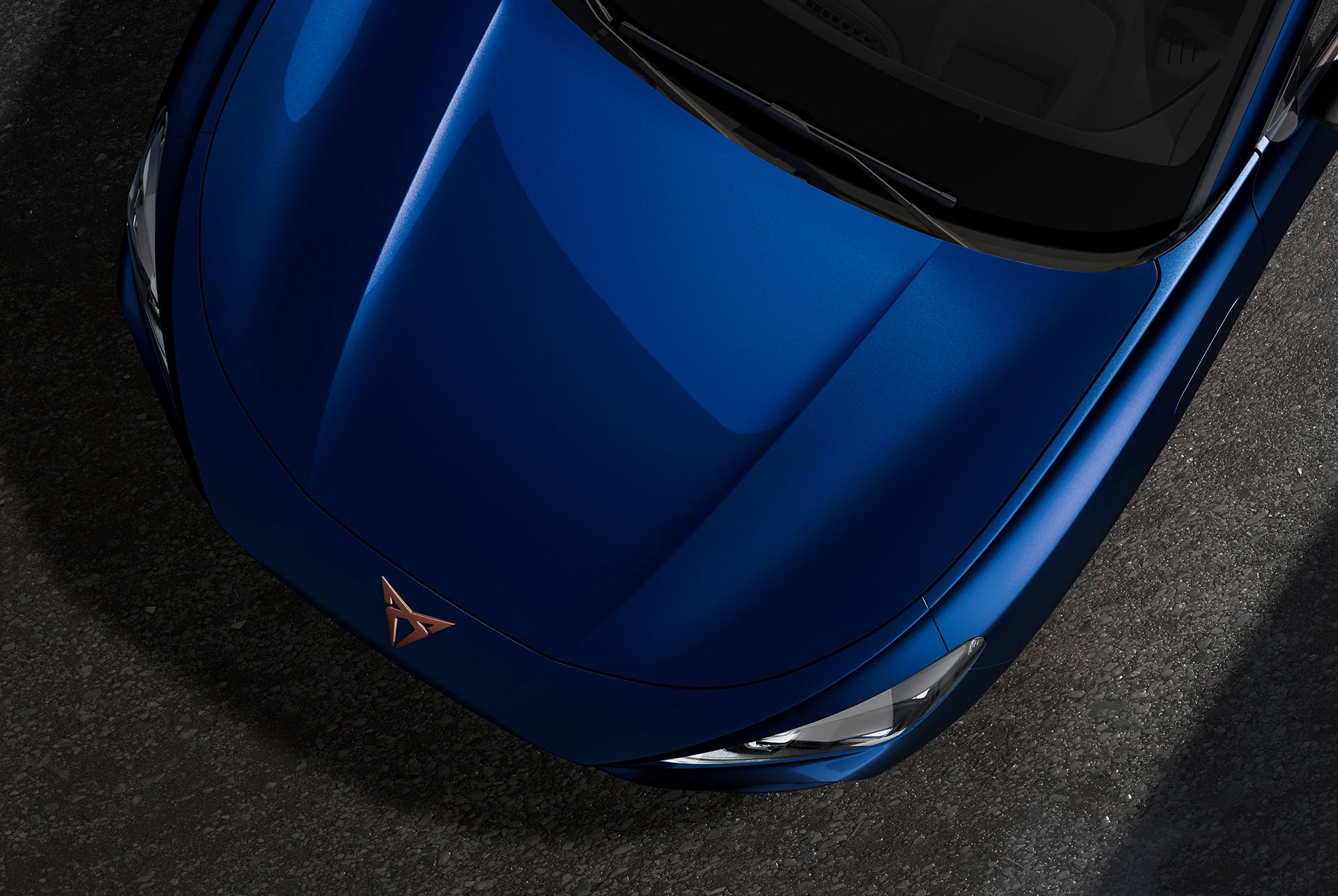 Cupra terramar, cosmos blue colour, top-down view of the front hood and headlights.