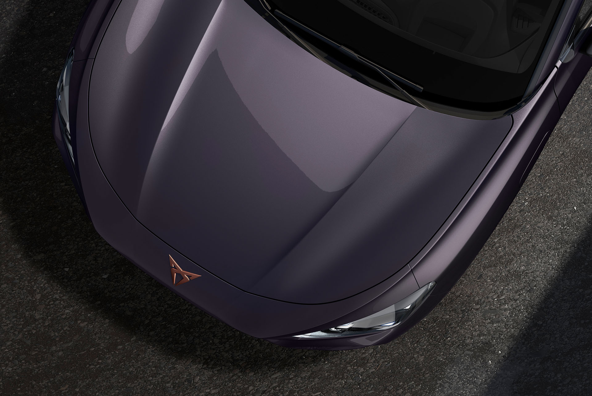 Cupra terramar, dark void colour, top-down view of the front hood and headlights.