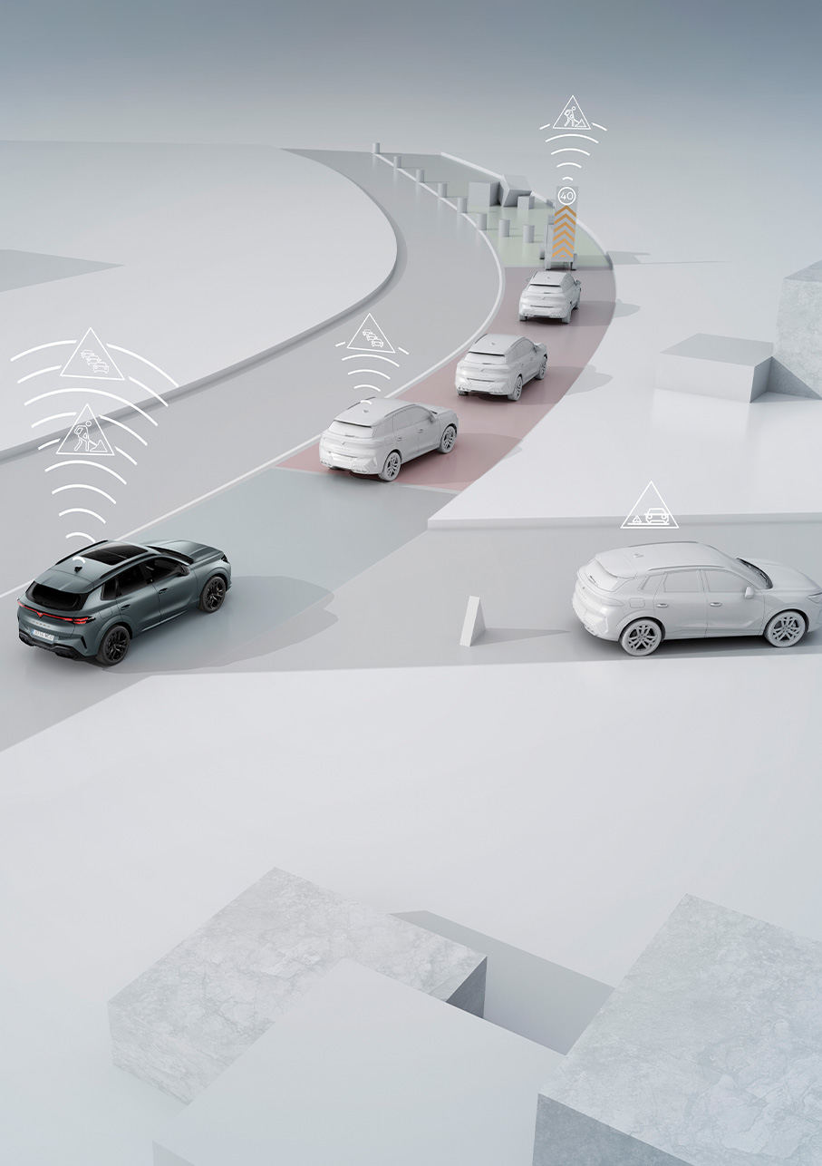 Démonstration de la technologie de communication CAR2X dans le cupra terramar, montrant le véhicule communiquant avec d'autres voitures et infrastructures pour améliorer la sécurité routière et l'efficacité du trafic.