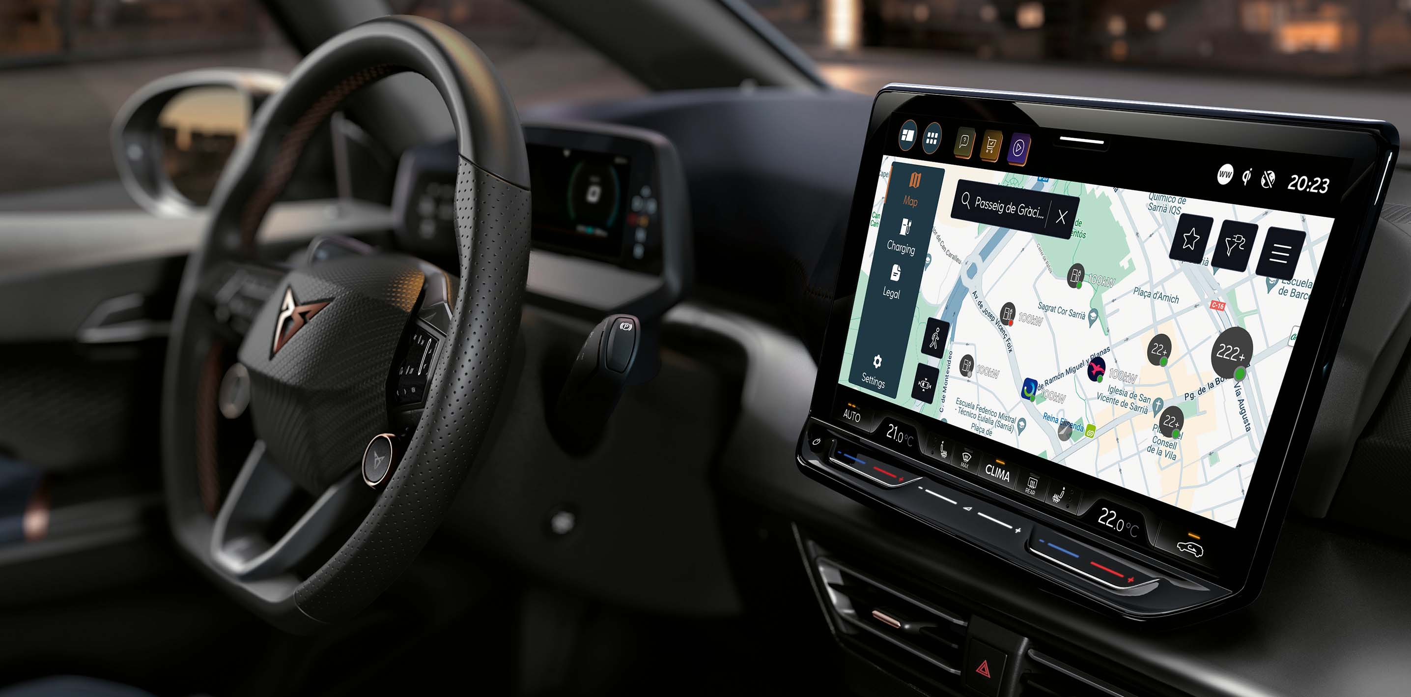 cupra ev charging map displayed on the infotainment system screen, showing charging stations for locating charging points and efficient electric driving