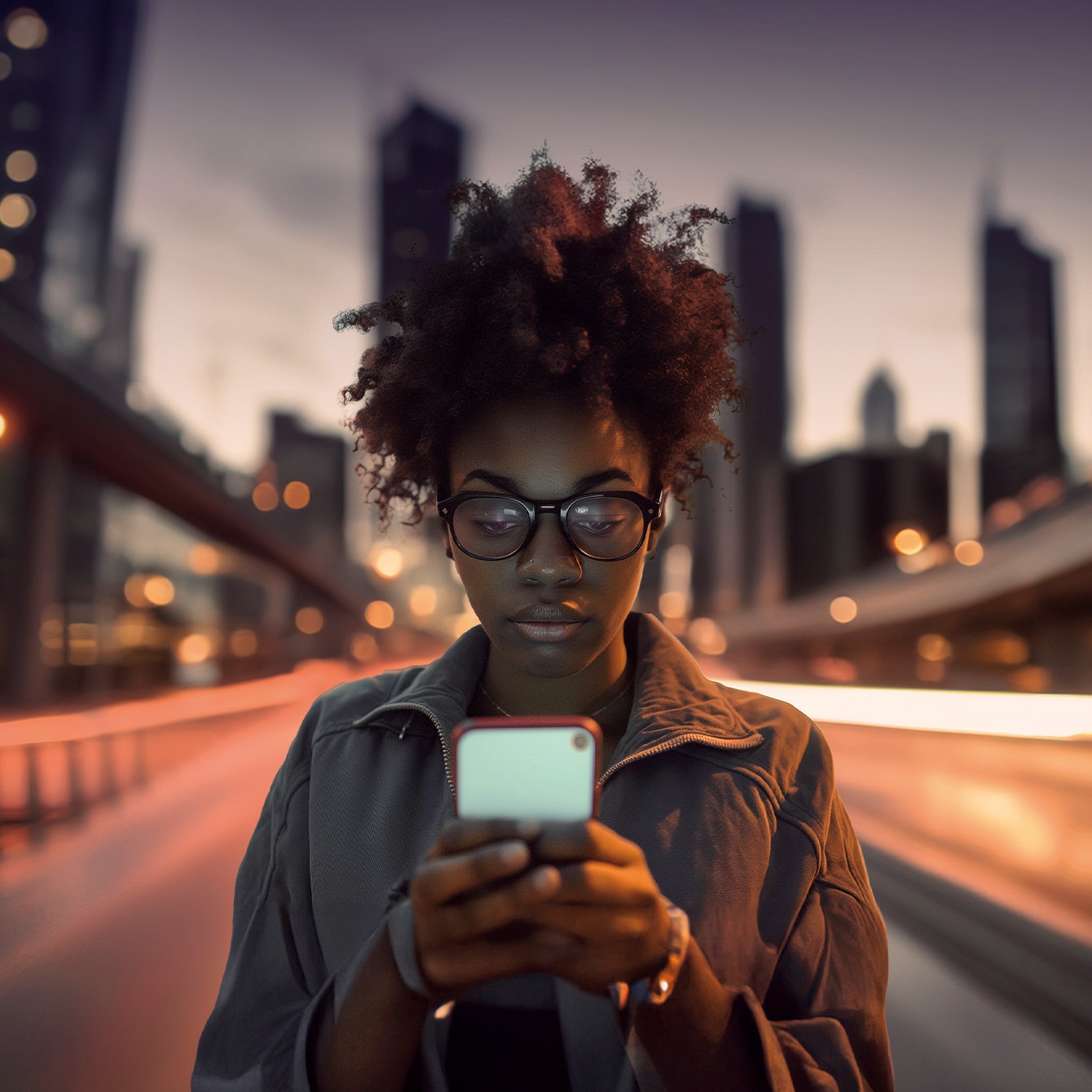 a person standing in an illuminated city street at dusk, using a smartphone to explore the benefits of cupra connect to check charging times and battery level.